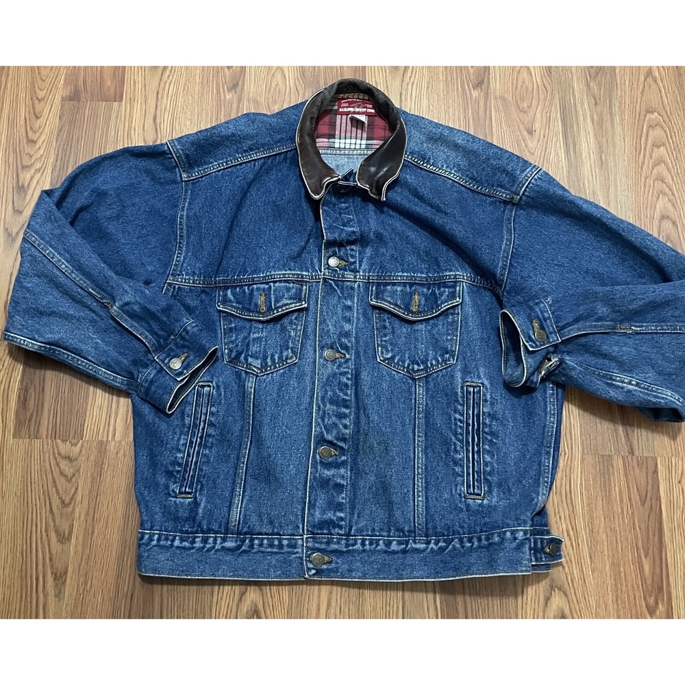 Marlboro Country Store Mens XL Denim Jacket Leather Collar Flannel Lined 90s